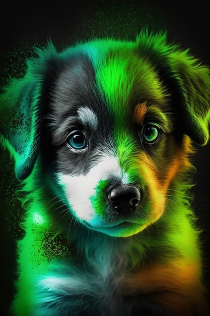 Un perro colorido con ojos verdes está sobre un fondo negro.