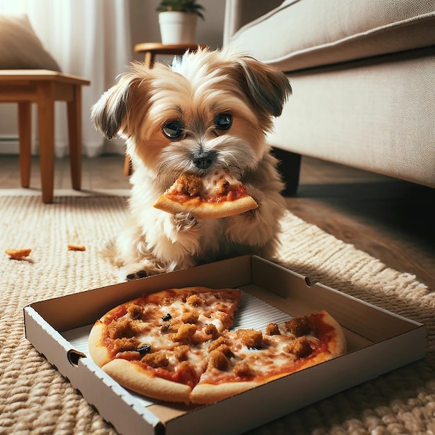 Un perro come pizza en el suelo.