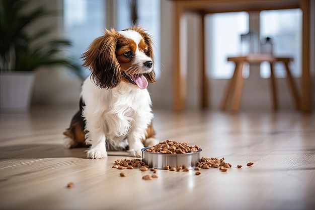 Foto perro comiendo comida seca de un cuenco en la sala de estar