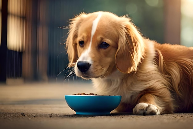 Un perro comiendo comida de un tazón