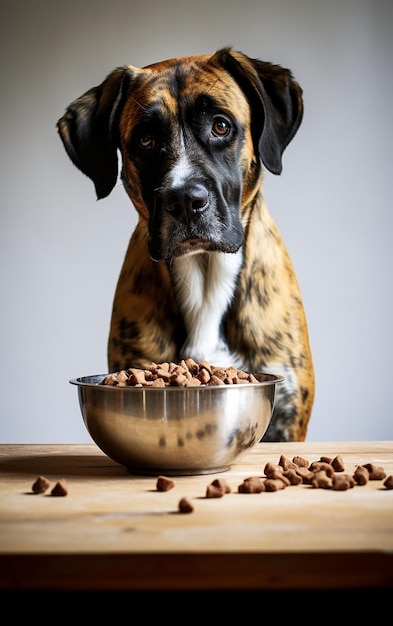 Un perro comiendo un plato de comida para perros.