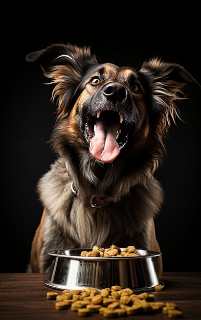 Un perro comiendo un plato de comida para perros.
