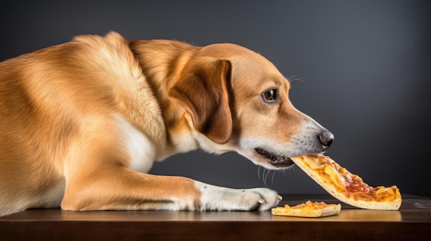 Un perro comiendo una rebanada de pizza.
