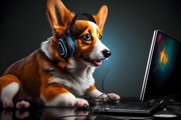 El perro como jugador de transmisión en vivo de videojuegos usa una computadora PC para entretenimiento Arte generado por redes neuronales