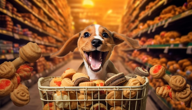 El perro con una compra en la tienda de comestibles para productos para mascotas o galletas de comida para perros
