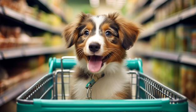 El perro con una compra en la tienda de comestibles para productos para mascotas o galletas de comida para perros