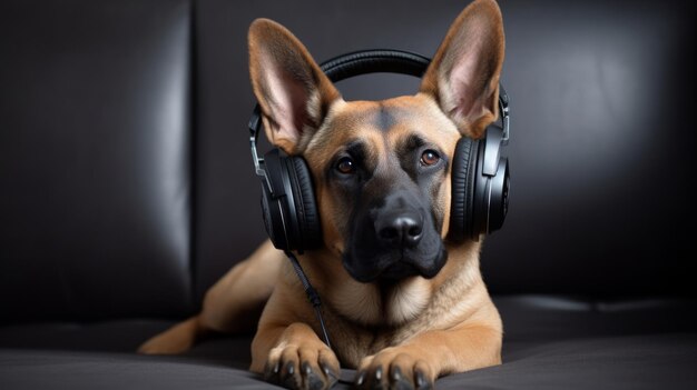 Foto un perro conductor canino con auriculares orquesta una sinfonía de alegría