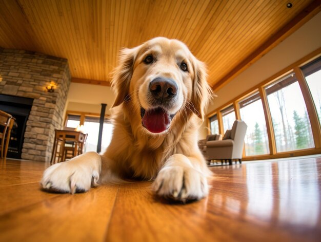 Perro de contenido disfrutando en el suelo de la sala de estar