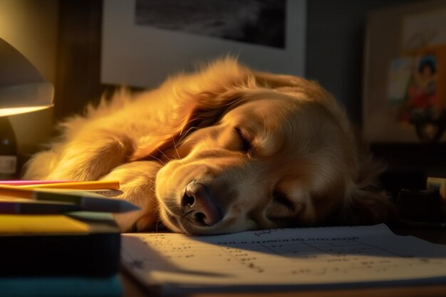 Perro contento se queda dormido después de una intensa sesión de estudio