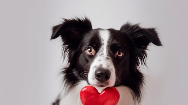 Un perro con un corazón en la boca