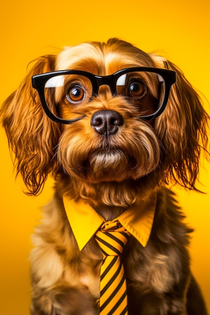 Perro con corbata y gafas en fondo amarillo IA generativa