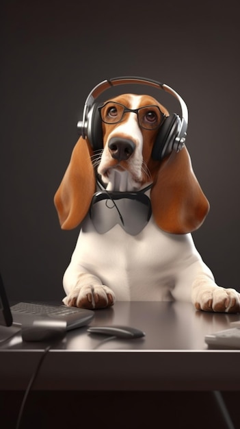 Un perro con corbata de lazo y gafas se sienta en un escritorio con un monitor de computadora