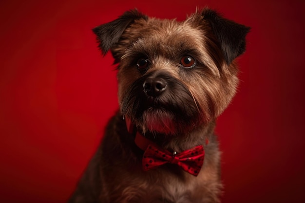 Un perro con corbata de moño se sienta frente a un fondo rojo.