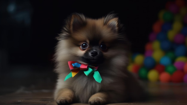 Un perro con corbata de moño se sienta en un piso de madera.