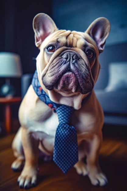 Perro con corbata sentado en un piso de madera en la sala de estar IA generativa