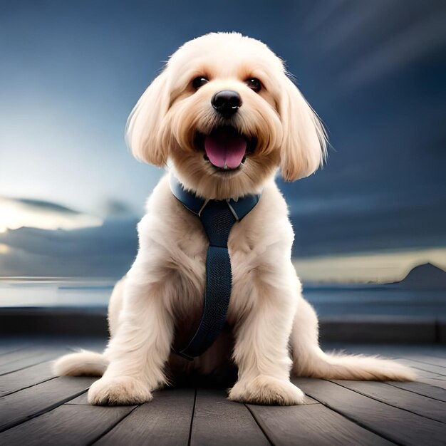 Un perro con corbata se sienta en una terraza de madera.