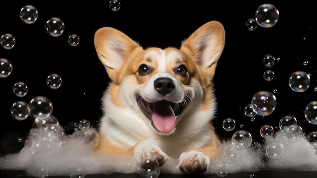 Foto perro corgi bañándose con espuma y burbujas mascota linda y divertida