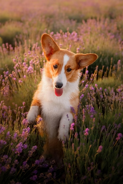 Perro Corgi en un campo de lavanda