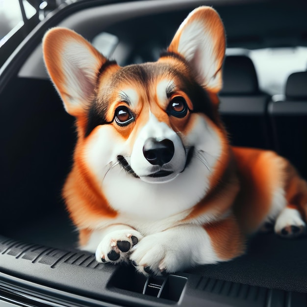 perro corgi en un coche