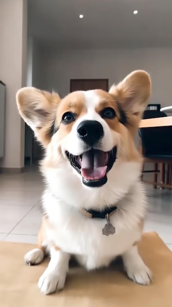 Un perro corgi con un collar negro se sienta en un suelo de baldosas.