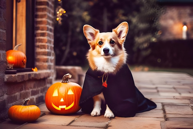 Perro corgi con un disfraz de halloween aterrador sentado al aire libre cerca de la casa con calabaza relámpago