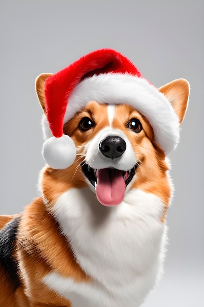 Foto perro corgi en disfraz de papá noel sobre un fondo gris