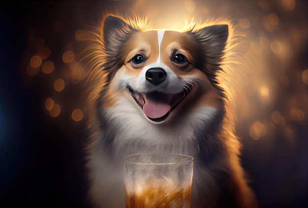 Perro Corgi feliz con copa de vino tostada en la fiesta y fondo claro bokeh dorado Concepto animal y mascota Ilustración de arte digital IA generativa