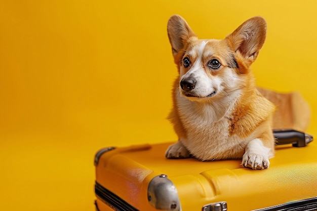 Perro corgi galés en una maleta sobre un fondo amarillo