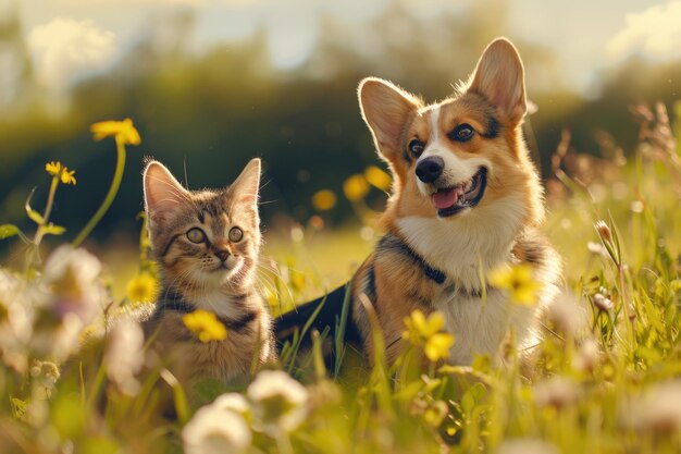 un perro corgi y un gato tabby se sientan juntos en un prado soleado de primavera