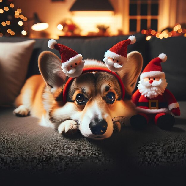 Perro Corgi con la gorra de Papá Noel en el sofá