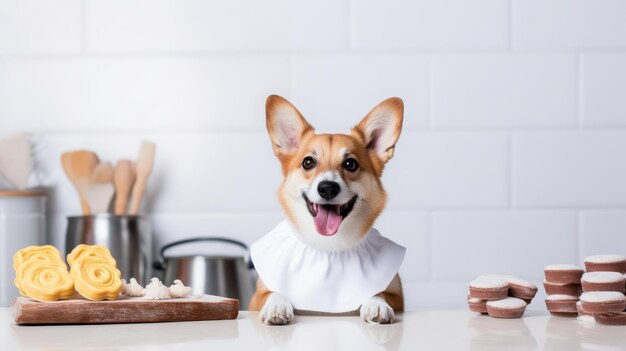 Foto perro corgi humorístico horneando un pastel en el fondo borroso de la cocina con espacio para el texto