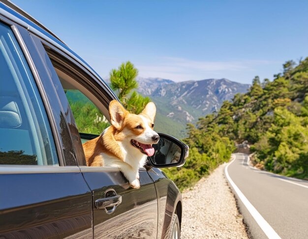 El perro Corgi mira desde un coche negro en una carretera de montaña generada por IA