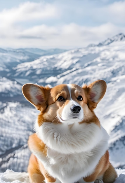 Perro Corgi mirando las montañas nevadas