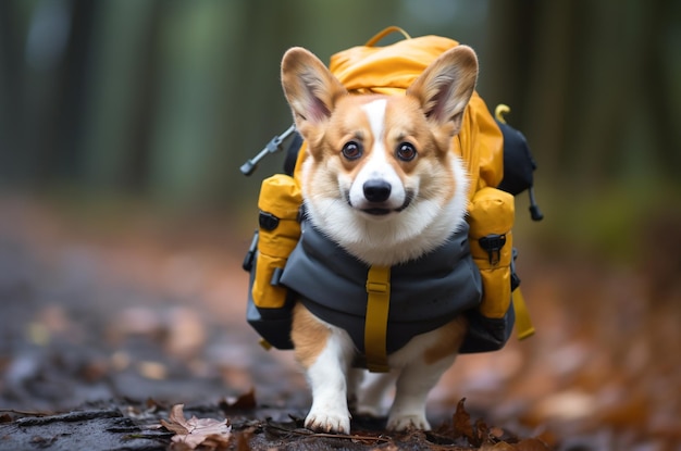Perro Corgi con mochila en el bosque Corgi salió de excursión IA generativa