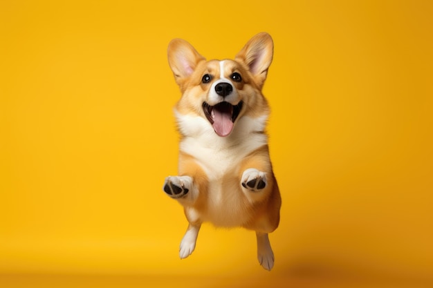 un perro corgi muy feliz sobre un fondo amarillo brillante