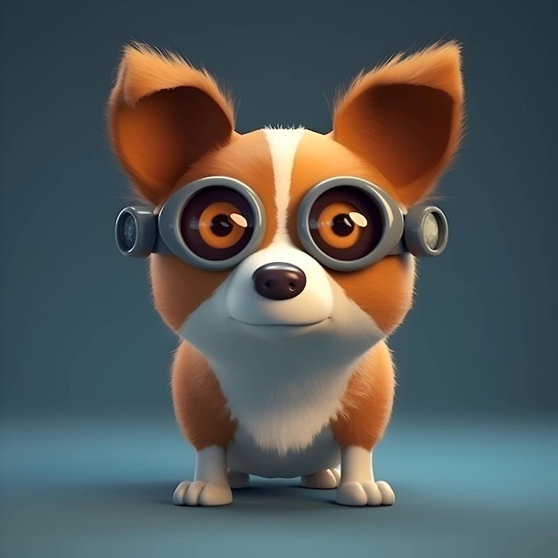 Perro Corgi con ojos divertidos y anteojos 3D renderizado