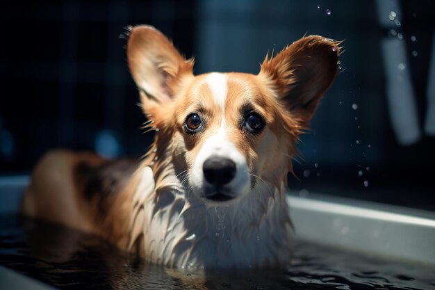 Foto perro corgi con pelaje húmedo de pie en el baño completo enfoque selectivo proceso de baño de mascotas