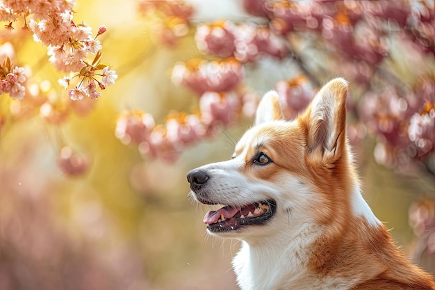 Perro Corgi en la primavera