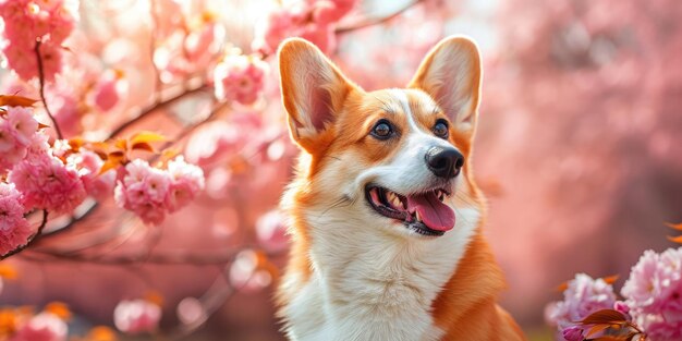 Perro Corgi en la primavera