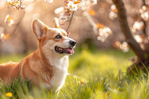 Perro Corgi en la primavera