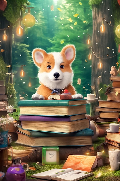 Perro Corgi rodeado de libros en un país de las maravillas y el fondo del castillo estilo de dibujos animados generado por Ai