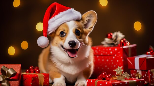 un perro corgi en un sombrero de Papá Noel sobre un fondo rojo en el estudio con regalos de Año Nuevo Espacio para banner de texto