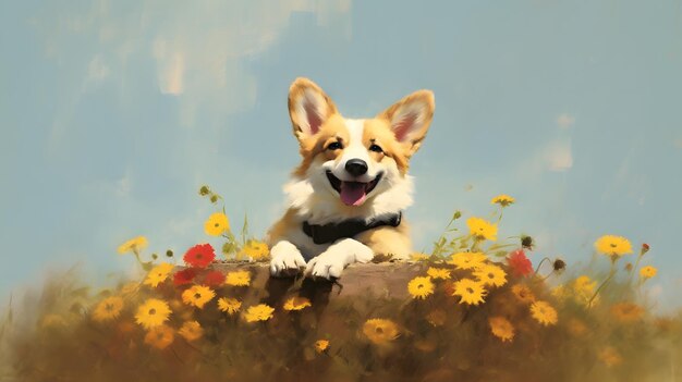 El perro Corgi sonríe y es feliz en las flores del prado en primavera AI generativa
