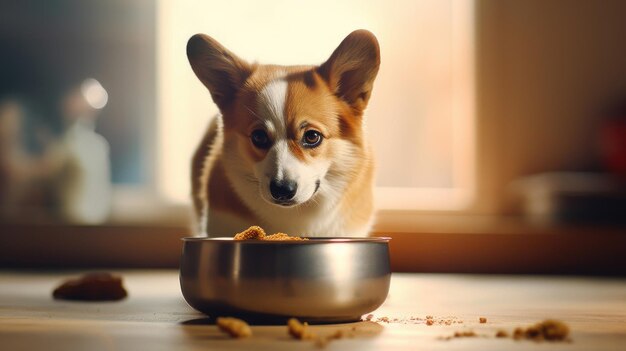 Un perro corgi y un tazón de comida seca en una dieta moderna de alimentos para apartamentos generaron ai