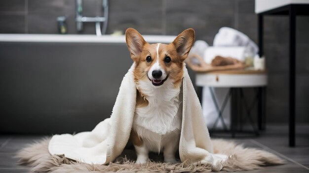 Perro Corgi con toalla después de lavarse en el baño