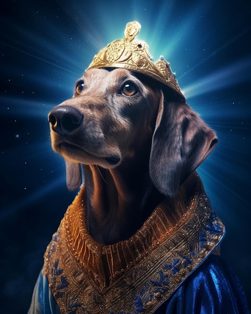 un perro con una corona en la cabeza
