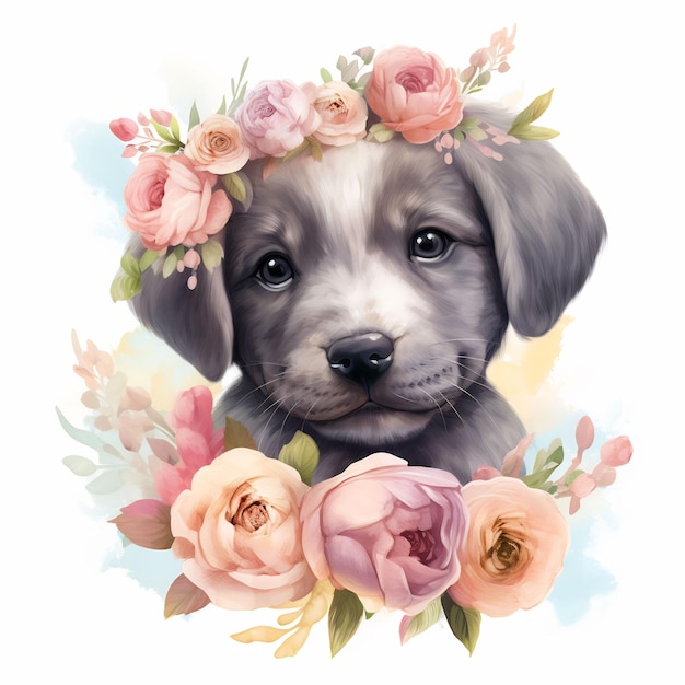 Un perro con una corona de flores en la cabeza.