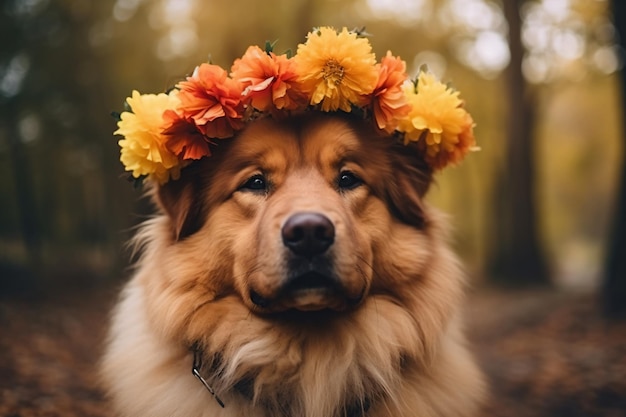 Un perro con una corona de flores en la cabeza.