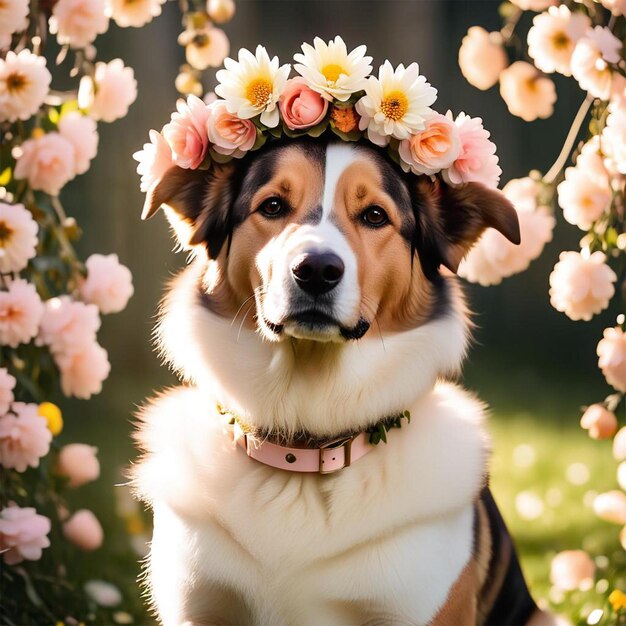 Un perro con una corona de flores con la celebración de la boda de flores