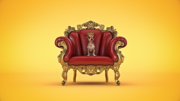 Perro con corona en una silla. representación 3d